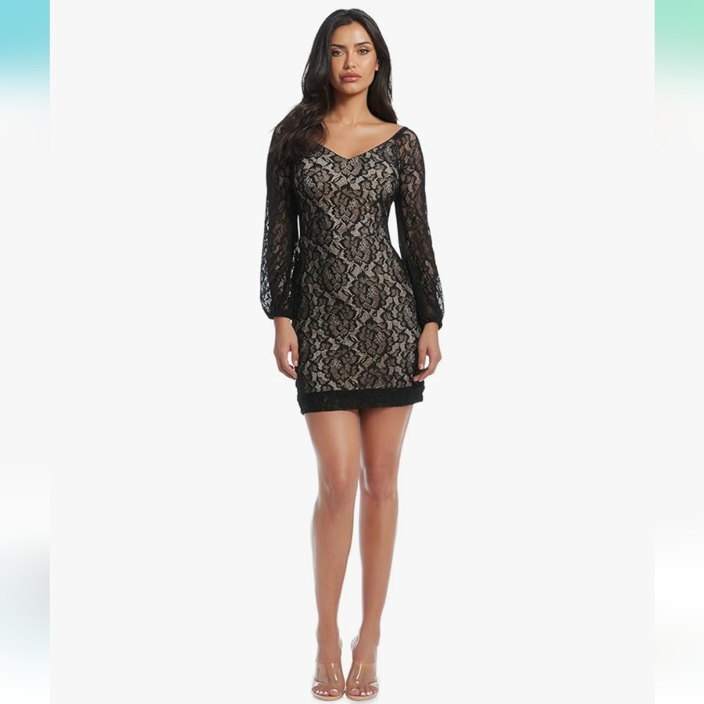 Dress the Population Women's L Esperanza Bodycon Mini Dress Cocktail Lace Nude